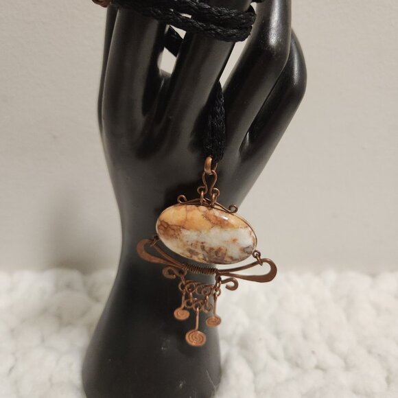 Gemstone Marble Oval Pendant Necklace – Copper Tone on Black Rope, Boho - Picture 5 of 11